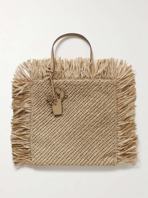 Leather-trimmed fringed faux raffia tote
