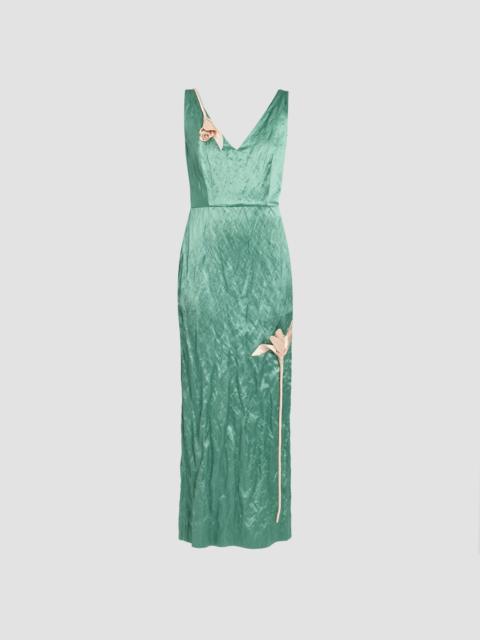 Erdem EMBROIDERED TEXTURED SATIN SLEEVELESS MIDI DRESS