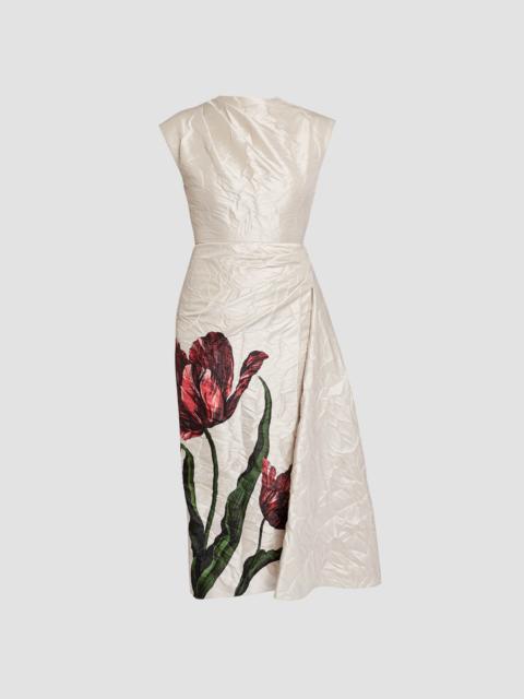 Erdem FLORAL PRINT TEXTURED SATIN DRAPED MIDI DRESS