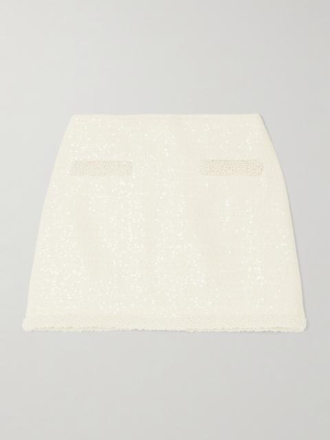 self-portrait Faux Pearl-embellished Sequined Bouclé-tweed Mini Skirt