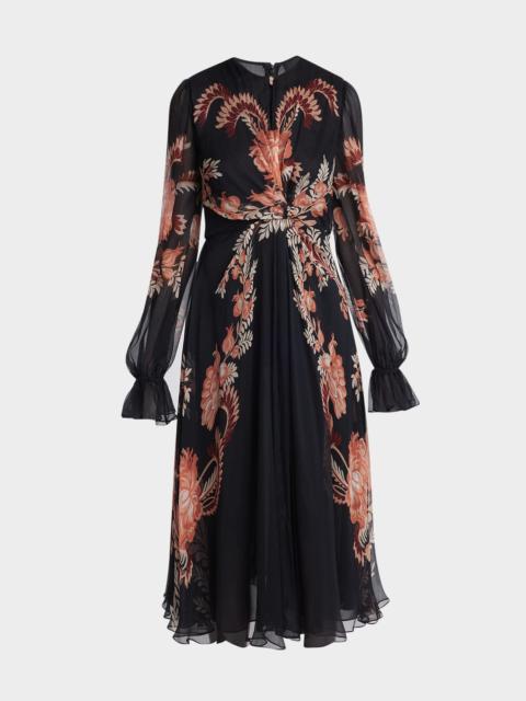 Floral Silk Chiffon Long-Sleeved Midi Dress