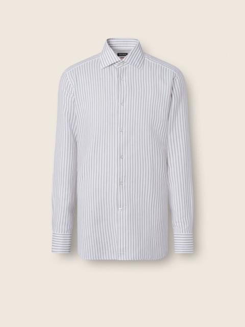 ZEGNA DARK BROWN AND WHITE STRIPED COTTON LINEN AND SILK SHIRT