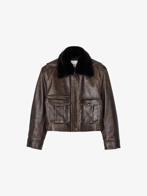 Sandro Shearling-Collar Regular-Fit Leather Jacket