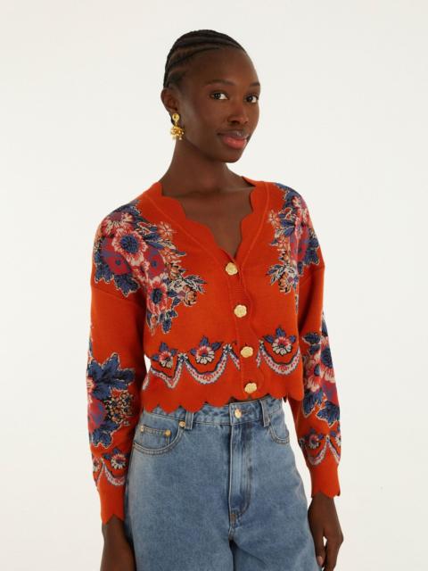 FARM RIO Terracota Victorian Floral Buttoned Knit Cardigan