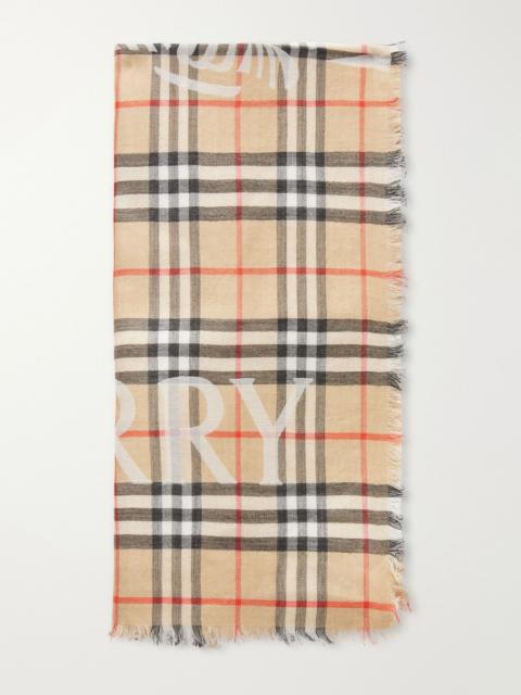 Burberry Frayed printed checked wool and silk-blend scarf Beige