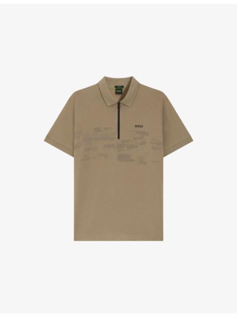 BOSS Branded Zip-Up Cotton-Blend Polo Shirt