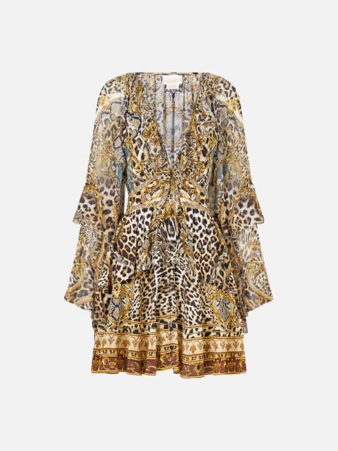 CAMILLA SHORT WAISTBAND DRESS WITH RUFFLE SLEEVE LEOPARD LIBERTINE