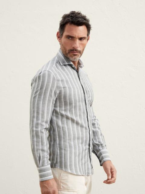 Multistripe linen and cotton slim fit shirt with spread collar