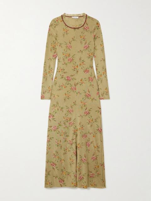 rabanne Distressed Floral-print Metallic Knitted Maxi Dress