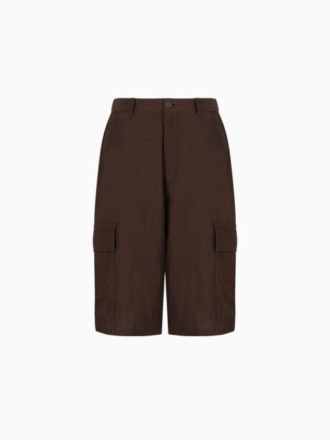 Viscose and linen canvas flat-front Bermuda shorts