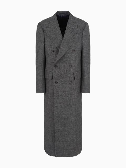 EMPORIO ARMANI Long double-breasted coat in a compact grisaille of heavy mouliné wool