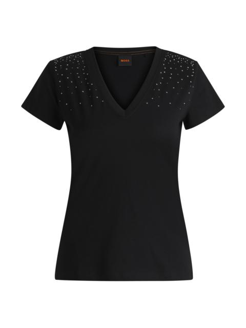 BOSS V-NECK T-SHIRT IN COTTON WITH EMBELLISHMENTS