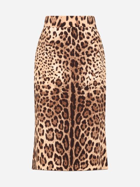 Leopard-print charmeuse calf-length pencil skirt