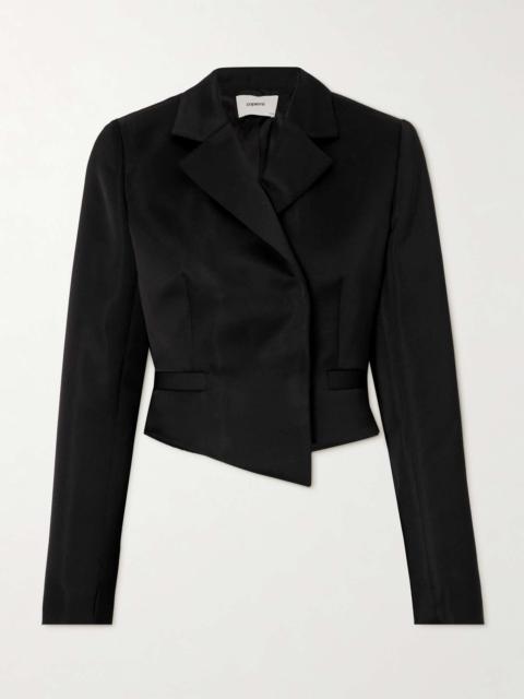 Double-breasted cropped asymmetric satin-crepe blazer