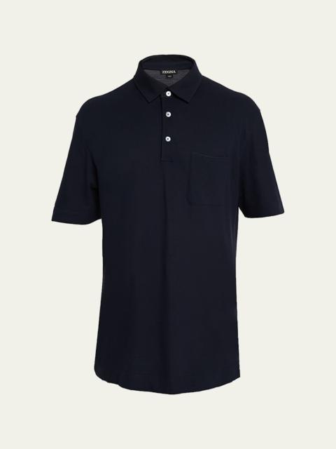 ZEGNA Men's Cotton Polo Shirt with Leather-Trim Pocket