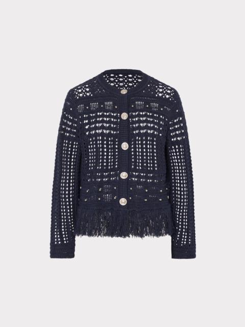 MILLY Beaded Fringe Crewneck Cardigan Jacket