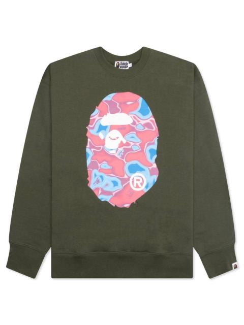 A BATHING APE® LIQUID CAMO APE HEAD RELAXED FIT CREWNECK SWEAT - OLIVE DRAB