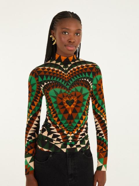 FARM RIO Green Heart Deco Ruched Waist Jersey Blouse