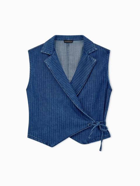 EMPORIO ARMANI PINSTRIPED DENIM WRAP WAISTCOAT WITH LAPELS AND A SIDE TIE