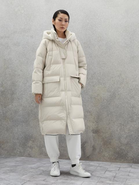 Water-resistant taffeta down coat with monili and detachable cashmere shearling hood