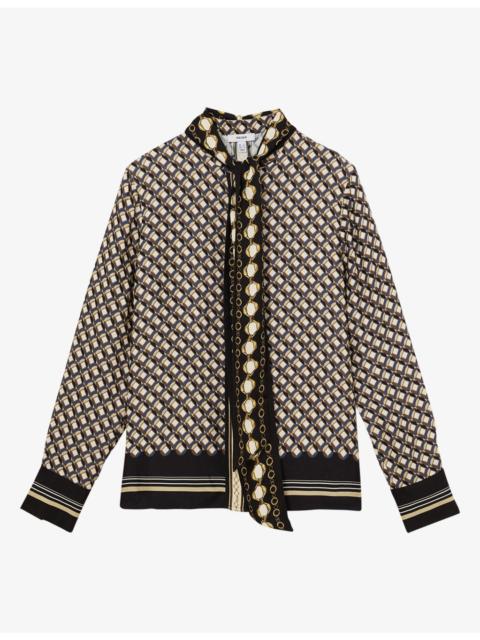 REISS Carmine Tie-Neck Scarf-Print Satin Shirt