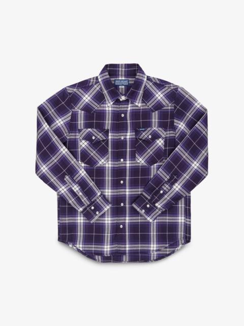 Iron Heart IHSH-439-PUR 9OZ SELVEDGE FLANNEL CHECK WESTERN SHIRT - PURPLE