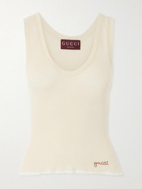 GUCCI Embroidered Lace-trimmed Ribbed-knit Cotton Tank Top