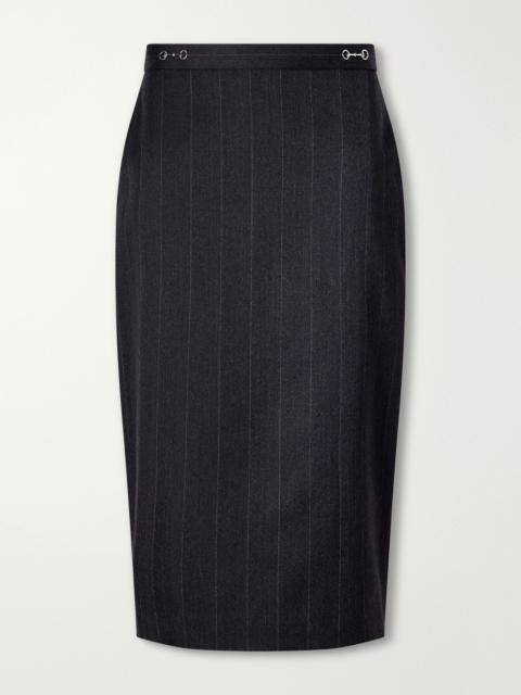 GUCCI Horsebit-embellished pinstriped herringbone wool knee-length skirt Dark gray
