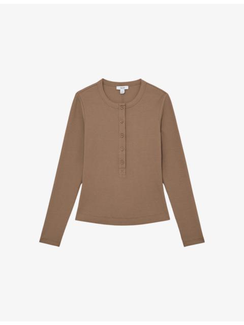 REISS Rina Half-Button Stretch-Cotton Top