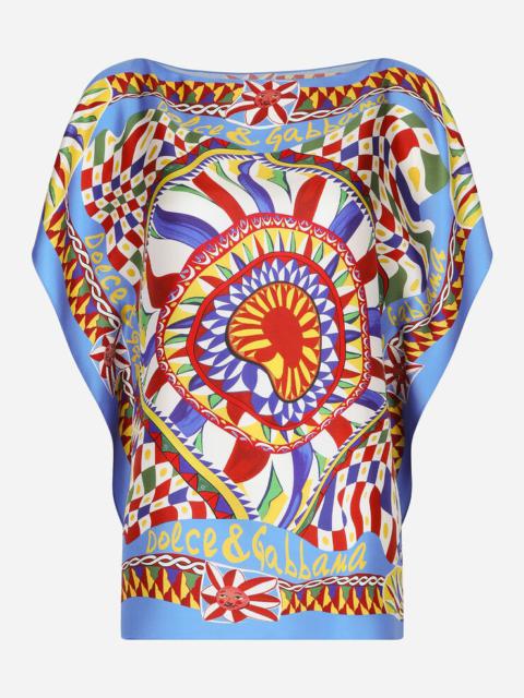 Carretto-print scarf-panel twill blouse