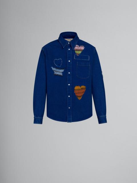 BLUE COATED DENIM SHIRT WITH MOHAIR PATCHES