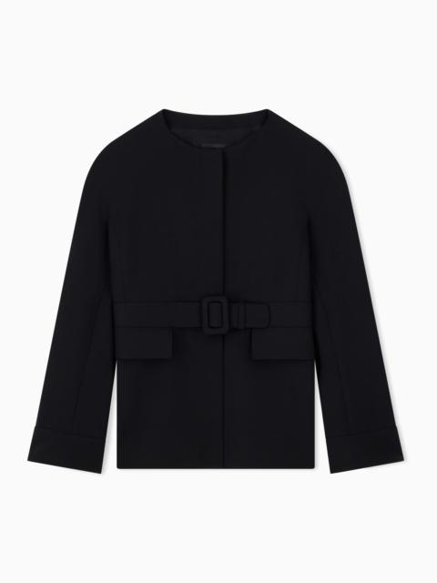 EMPORIO ARMANI BELTED BLAZER IN STRETCH VIRGIN WOOL WITH A ROUND NECKLINE