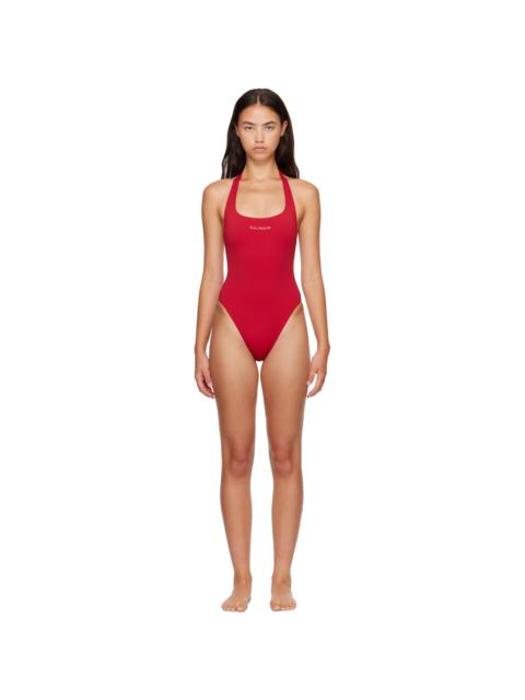 Balmain Red Studded Logo Halter Swimsuit