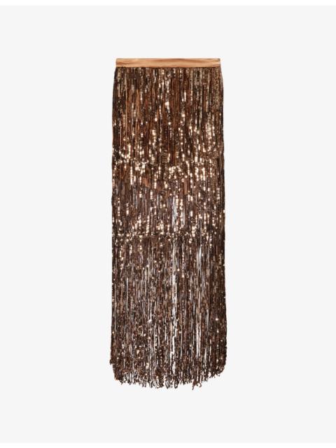 TWP Laurel Fringed Sequin-Embellished Silk Midi Skirt