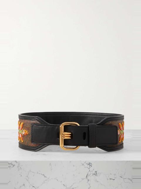Leather-trimmed embroidered printed canvas belt