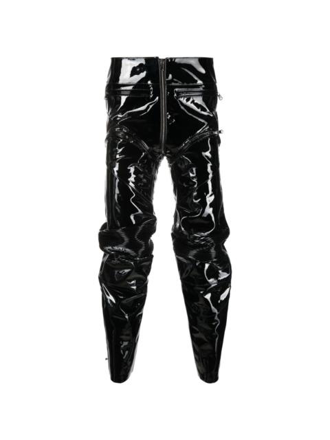 panelled gathered patent leather trousers