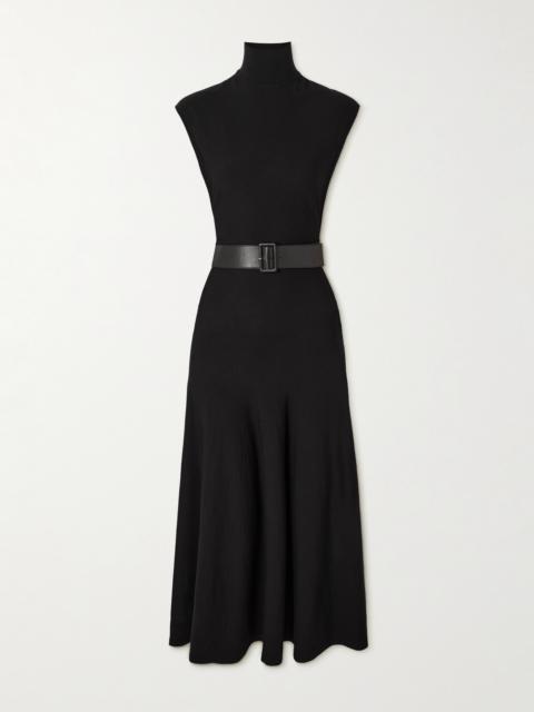 Alaïa Belted Leather-trimmed Wool-blend Turtleneck Midi Dress