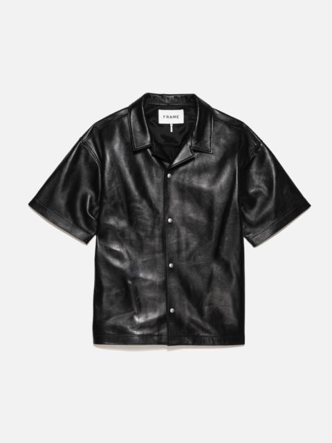 FRAME Short Sleeve Leather Camp Shirt in Black