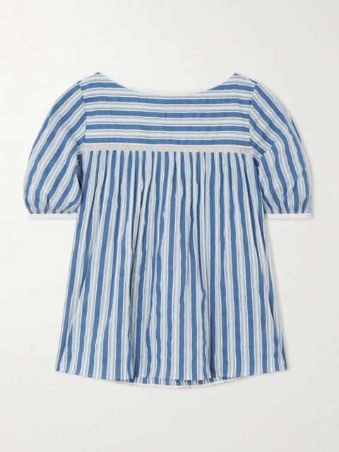 Embroidered striped cotton and silk-blend poplin top
