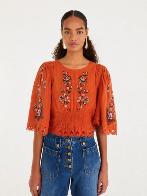 FARM RIO Orange Boho Flowers Embroidered Puff Sleeve Blouse