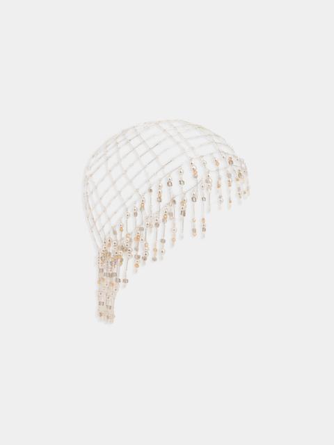 rabanne SILVER BEANIE WITH PEARLS FRINGES