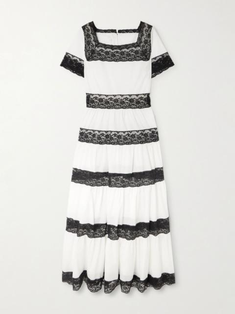LORETTA CAPONI Tiered lace-trimmed cotton-poplin midi dress White
