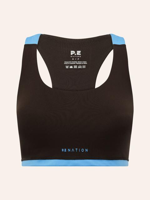 P.E NATION HIGHGATE SPORTS BRA IN COFFEE & MARINA