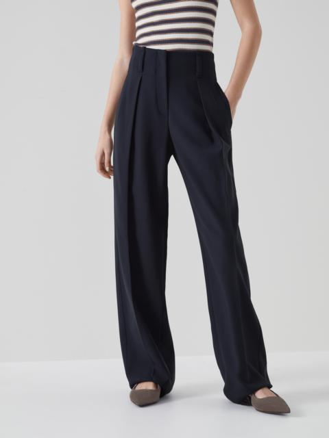Brunello Cucinelli Comfort virgin wool crêpe double cloth wide trousers with reversed pleats and monili