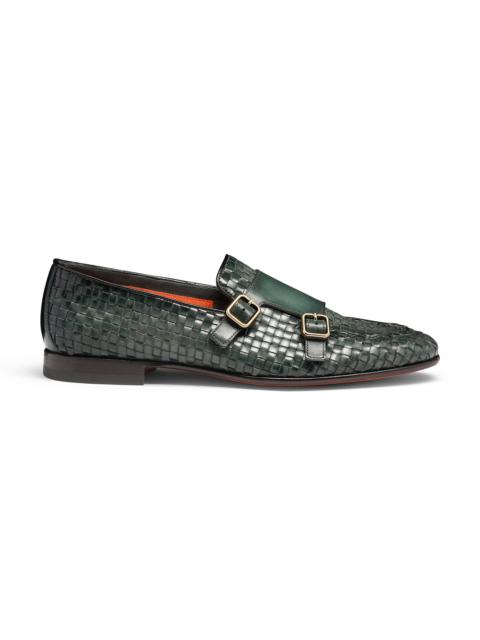 Santoni Men's green woven leather double-buckle loafer