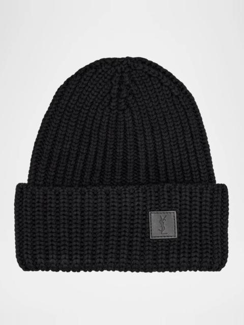 SAINT LAURENT Men's Ribbed Wool YSL-Patch Beanie Hat