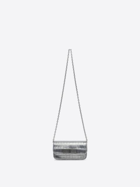 BALENCIAGA Women's Gossip Wallet On Chain Metallized Crocodile Embossed in Silver