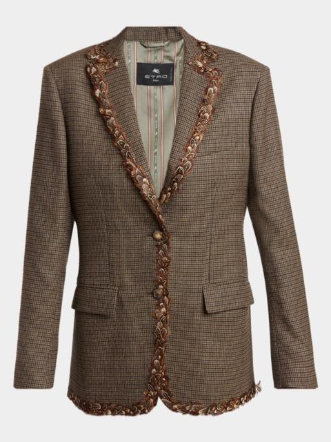Etro Feather-Trim Houndstooth Wool Single-Breasted Jacket
