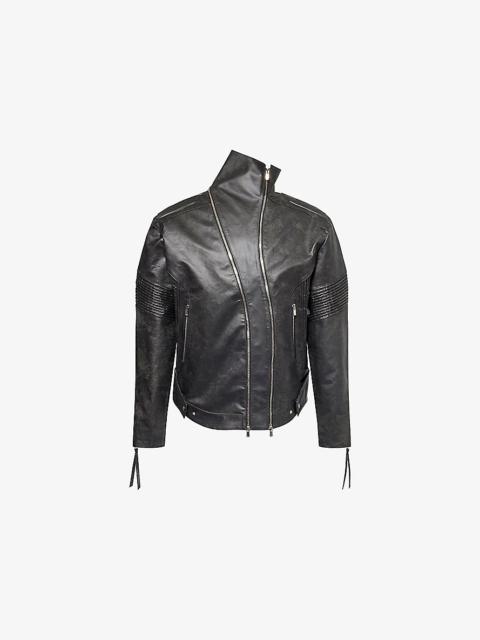 JUNTAE KIM Asymmetrical-Neck Zip-Up Leather Jacket