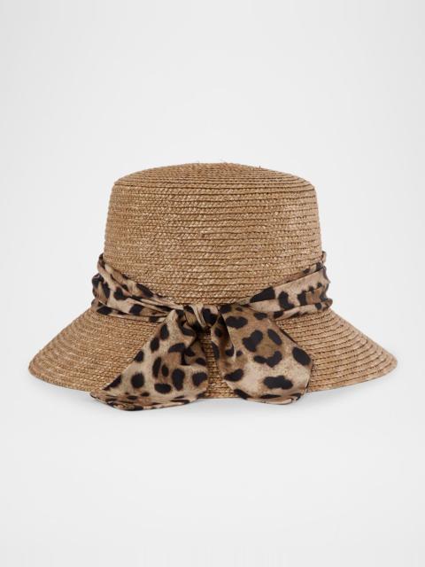EUGENIA KIM Ramona Straw Bucket Hat with Leopard-Print Bow